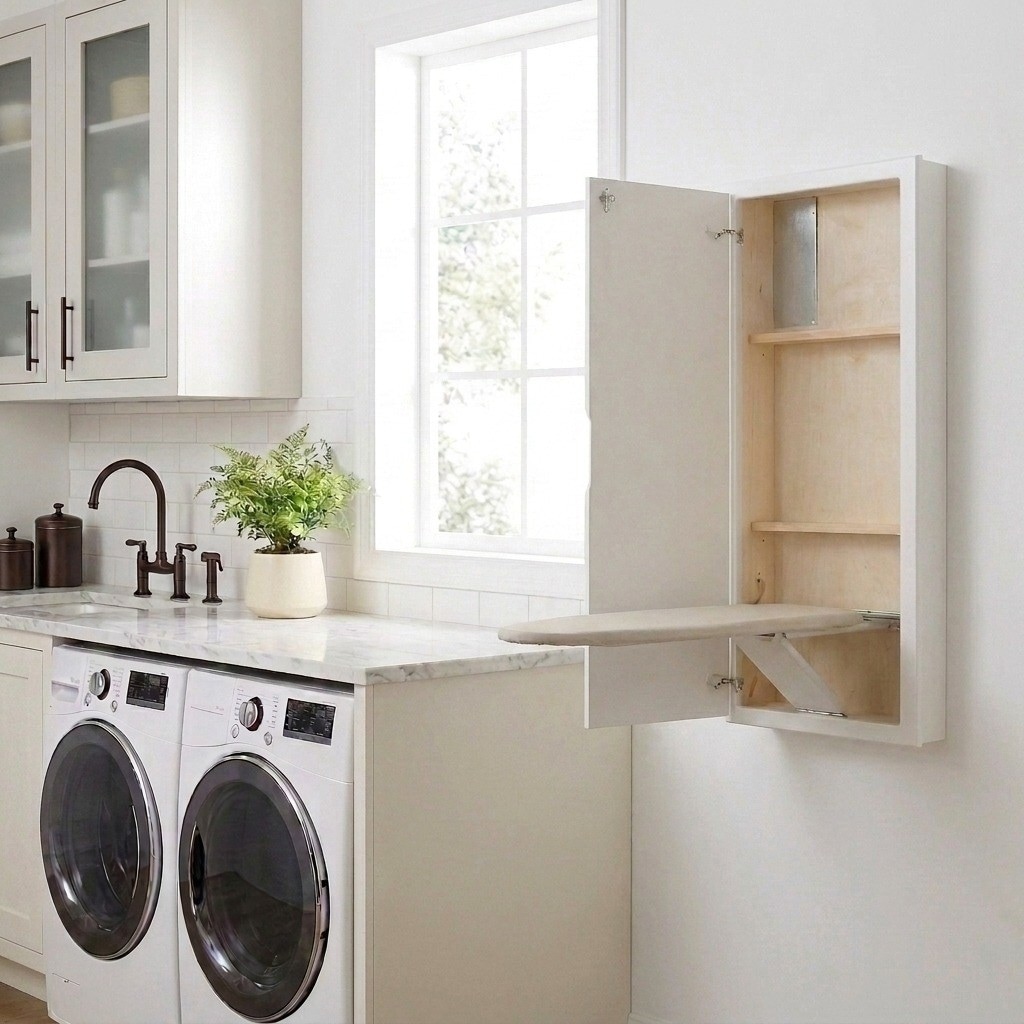 In Wall Recessed Ironing Board Cabinet with Storage Shelves - 7.8"L x 15.8"W x 47.8"H