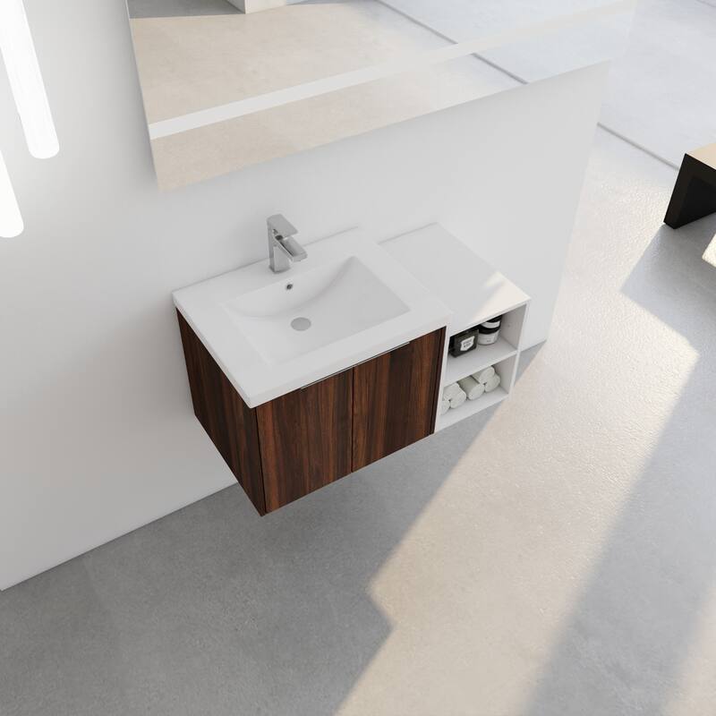 36" Wall-Mounted Bathroom Vanity with Resin Sink, Soft-Close Doors, Small Storage Shelves for Modern Bathrooms