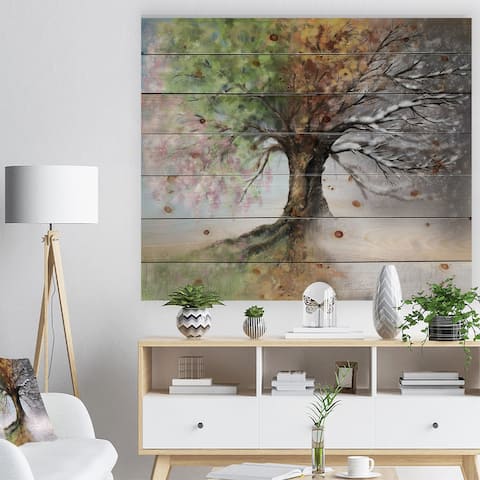 Designart 'Tree with Four Seasons' Natural Pine Print - Green