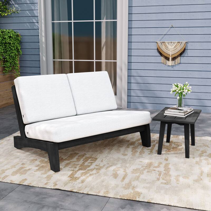 Outdoor Sectional Furniture Teak Conversation Set with Side Table - Black Wood - Beige/Loveseat Separate