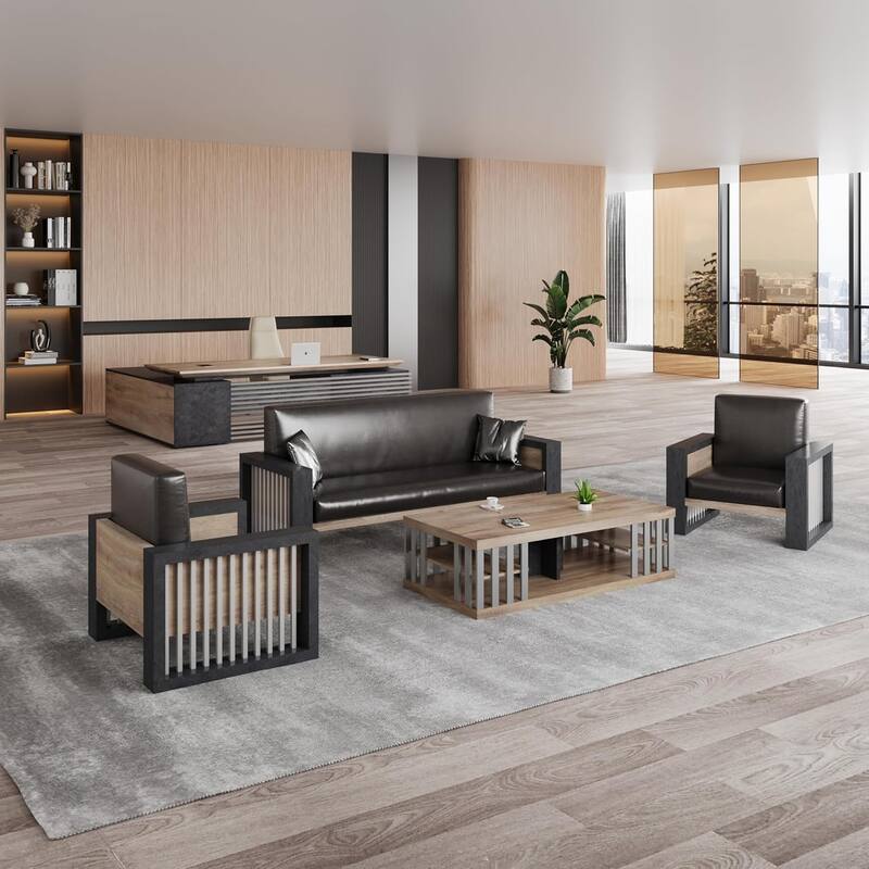 WESOME 3 Piece FU Leather Sofa Set with Coffee Table - 3-Set Sofa & 2 Single Sofa