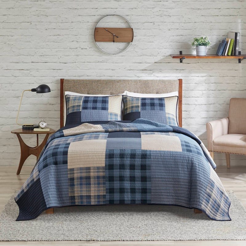 Woolrich Winter Hills Tan Oversized Cotton Quilt Set - Blue - King