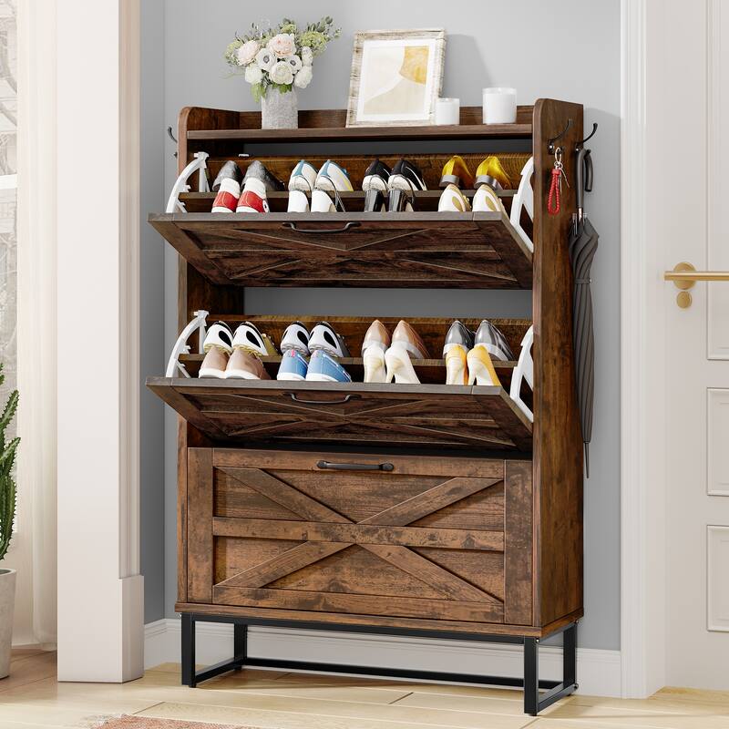 Moasis Farmhouse Flip Shoe Cabinet Shoe Storage Cabinet with 3 Flip Doors Adjustable Shelf - 31.4"L x 8.8"W x 53.1"H