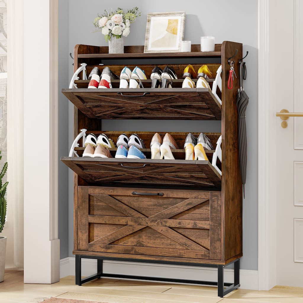 Moasis Farmhouse Flip Shoe Cabinet Shoe Storage Cabinet with 3 Flip Doors Adjustable Shelf - 31.4"L x 8.8"W x 53.1"H