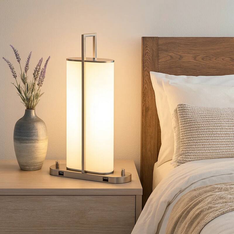 Mora Table Lamp Acrylic Shade, 2 USB, LED Lights, Chrome Steel 23 Inch