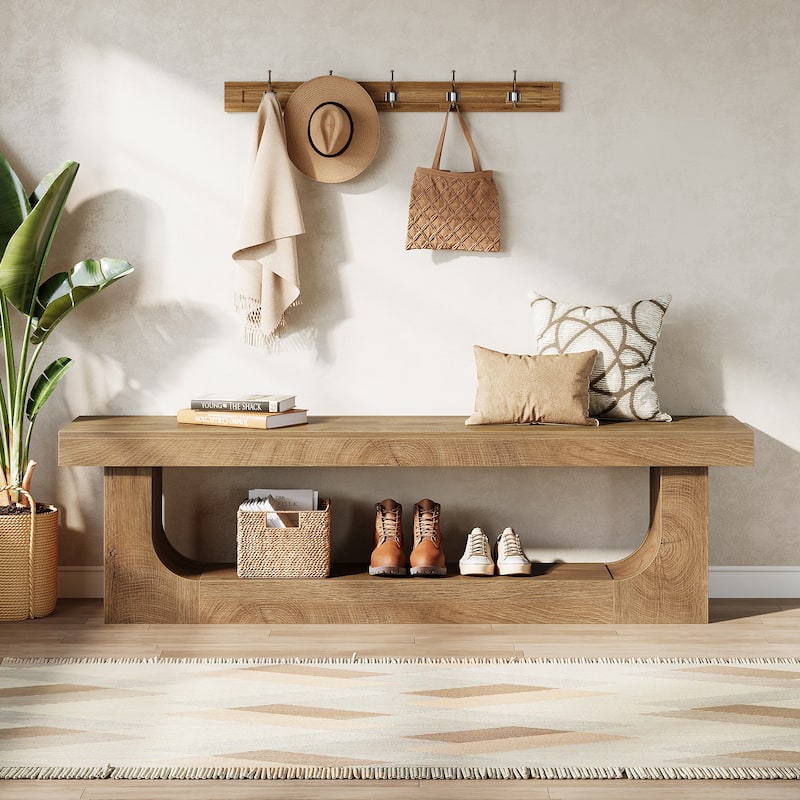 63 Inch Long Shoe Bench Entryway With Storage, Wooden End of Bed Bench - 13.8" D x 63" W x 17.72" H