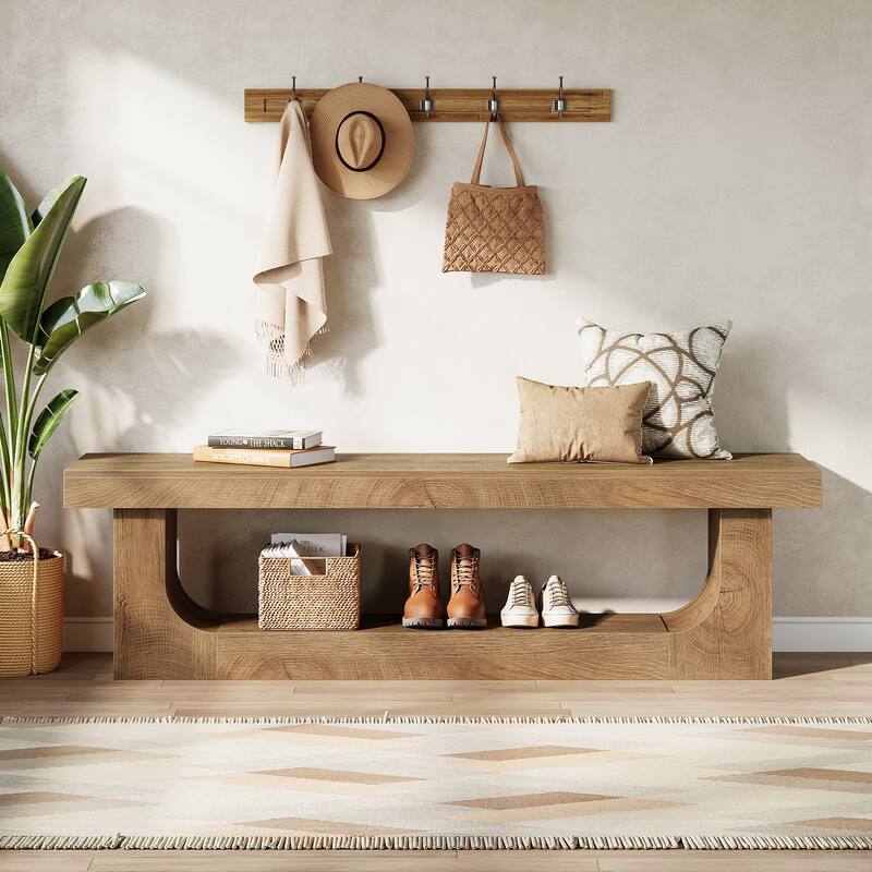 Modern Entryway Shoe Bench, 2-tier Wooden Entryway Bench