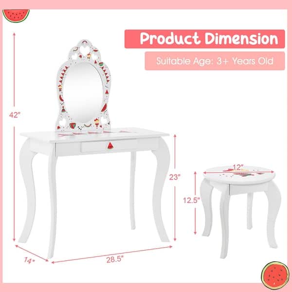 Gymax Kid Vanity Table Stool Set Storage Drawer Watermelon Patterns
