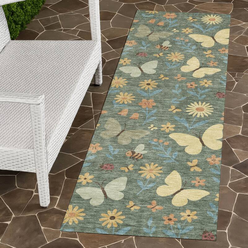 Machine Washable Indoor/ Outdoor Whimsy Butterfly Chantille Rug - Basil - 2'3" x 7'6"