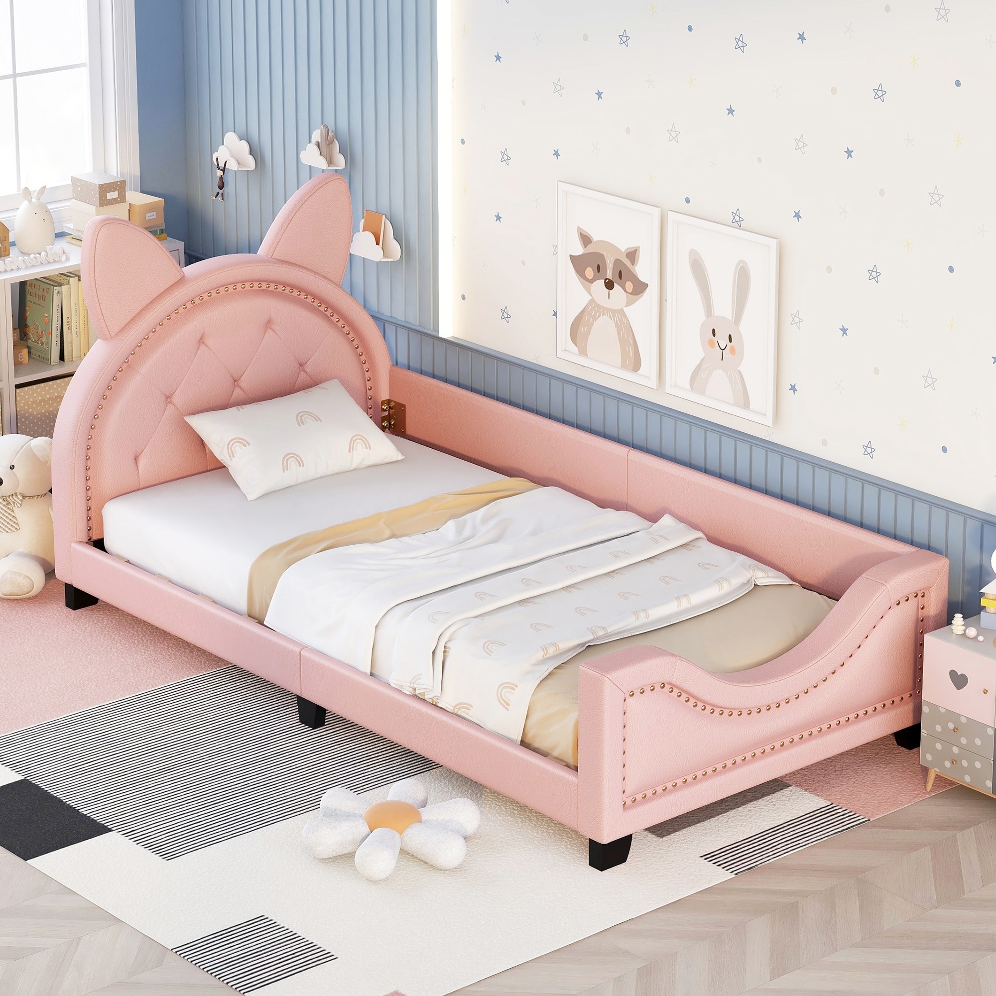 Roomfitters Twin Size Upholstered Daybed with Cartoon Ears Shaped Headboard and Cozy Design, Pink