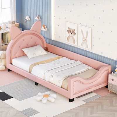 Roomfitters Twin Size Upholstered Daybed with Cartoon Ears Shaped Headboard and Cozy Design, Pink