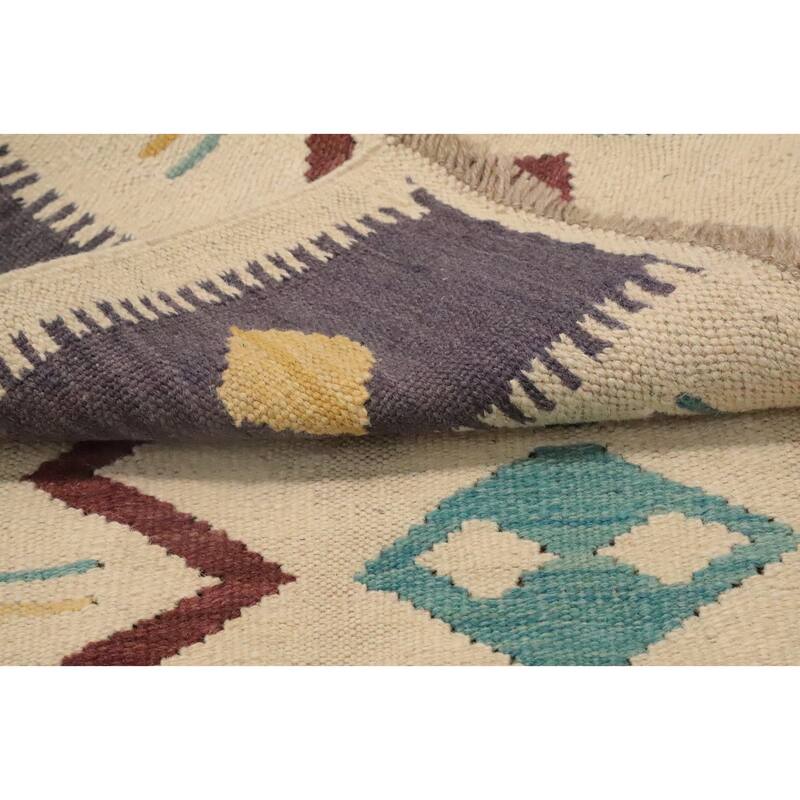 Hand Woven Oriental 100% Wool Carpet Southwestern Tribal Beige & Ivories Kilim Area Rug - 4' 10'' X 2' 10''