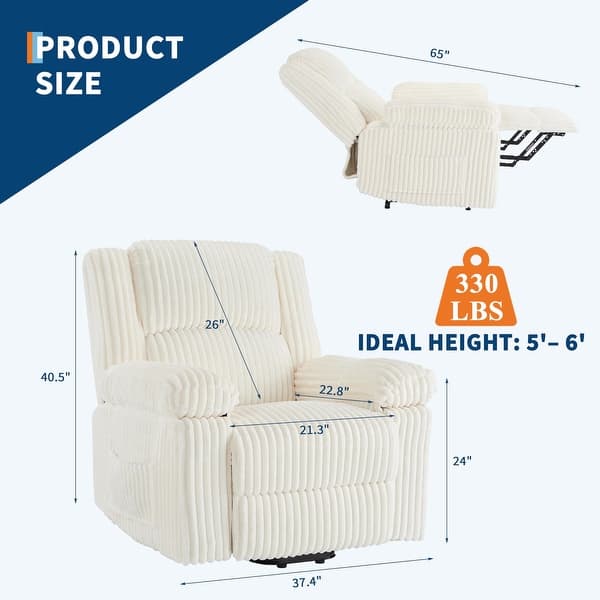 dimension image slide 0 of 5, Corduroy Recliner Chair, Manual Recliner Sofa with Handle, Pillow Top Arms, Thick Padding, Side Pocket, 330Lbs Capacity