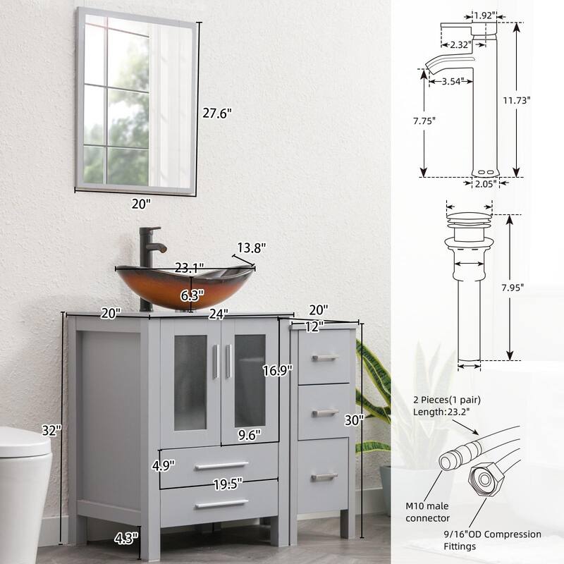 36" Bathroom Vanity Sink Gray Set with Side Cabinet Vessel Sink Mirror Faucet Combo