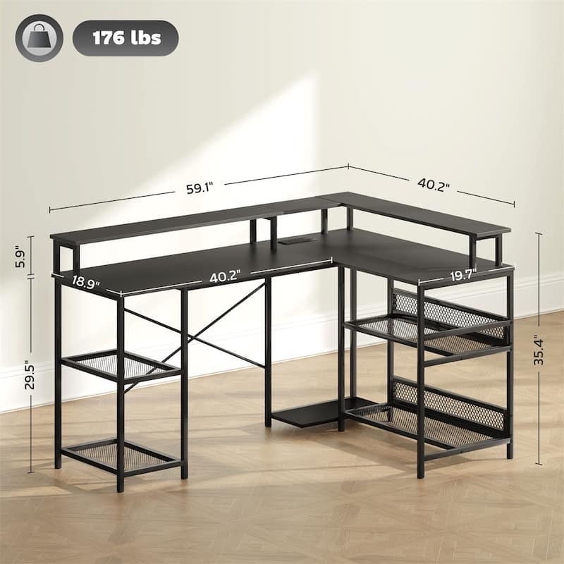 Shaped Desk with RGB LED Light USB Charging Ports Ergonomic Monitor Stands and Storage Shelves Sturdy Corner Office Workstation