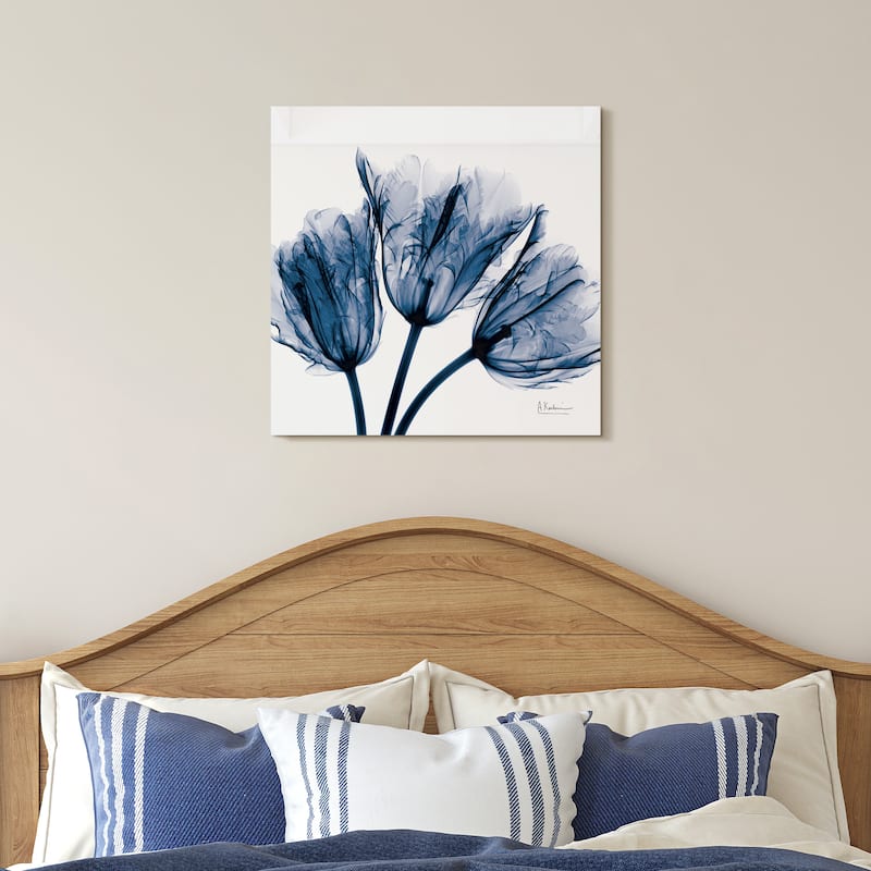 "Blue Tulip x-ray" Flower Wall Art on Frameless Free Floating Tempered Glass Panel