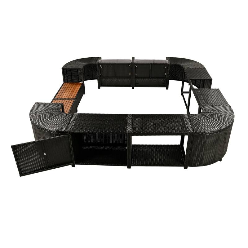 Outdoor Rattan Spa Frame Conversation Sofa Set with Storage & Wooden Bench