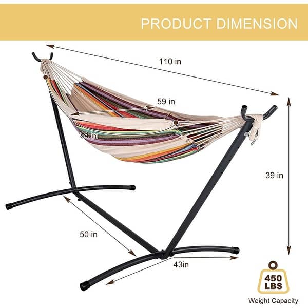 dimension image slide 10 of 12, Double Cotton Hammock with Space Saving Steel Stand