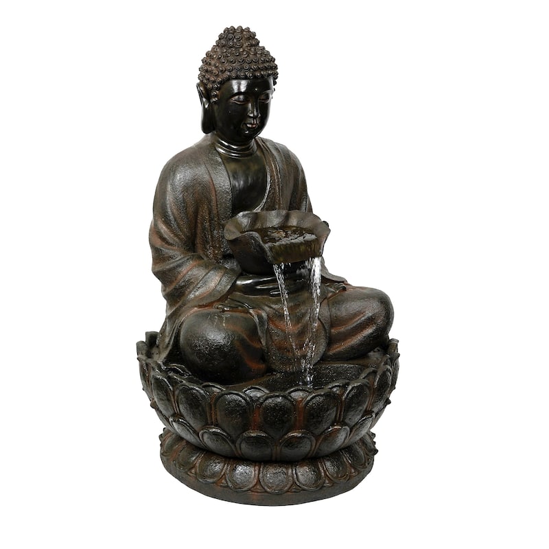 Alpine Corporation WIN1586 Outdoor Floor Peaceful Buddha Fountain with LED Lights, Buddha Garden Water Fountain, 44"H, Brown