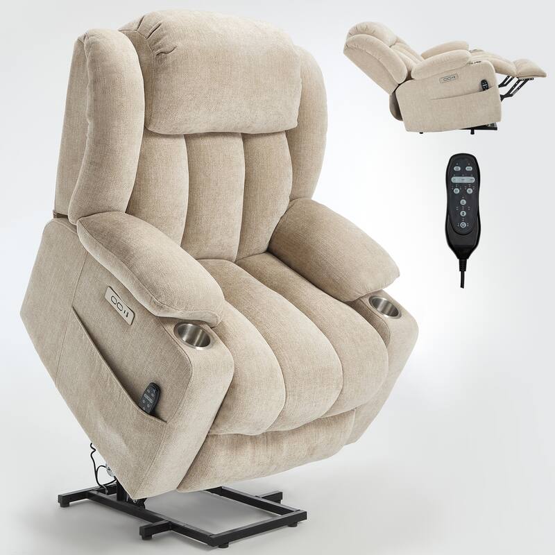 Roomfitters Heavy Duty Power Lift Recliner, Chenille Massage Chair with USB-C Charging and Stainless Cup Holders