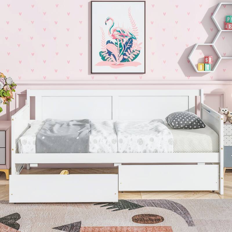 Pine Wood Sofa Bed, Twin Size Daybed with Pull-out Storage Drawers Storage Bed Platform Bed with Panel Headboard and Footboard