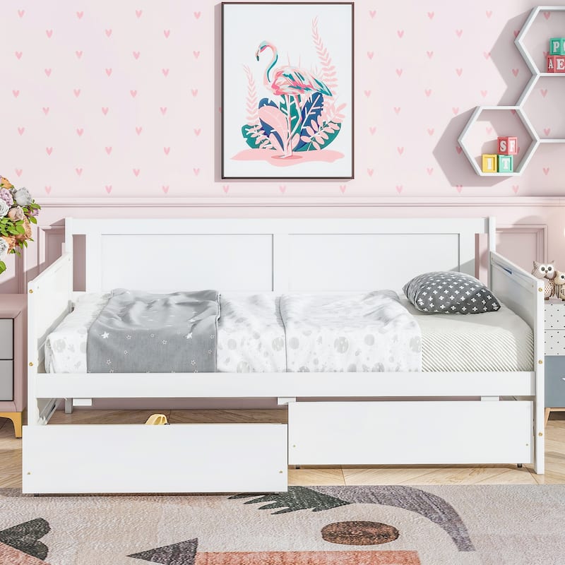 Twin Size Pine Wood Daybed with two Storage Drawers, White