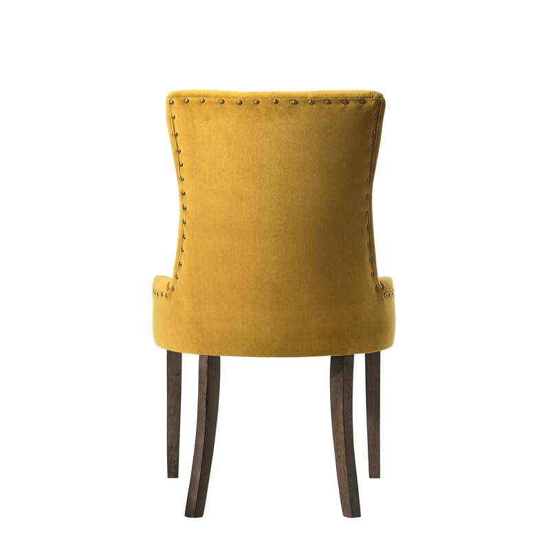 HomeRoots Set of Two Tufted Yellow and Espresso Upholstered Velvet And Solid Wood Dining Side Chairs