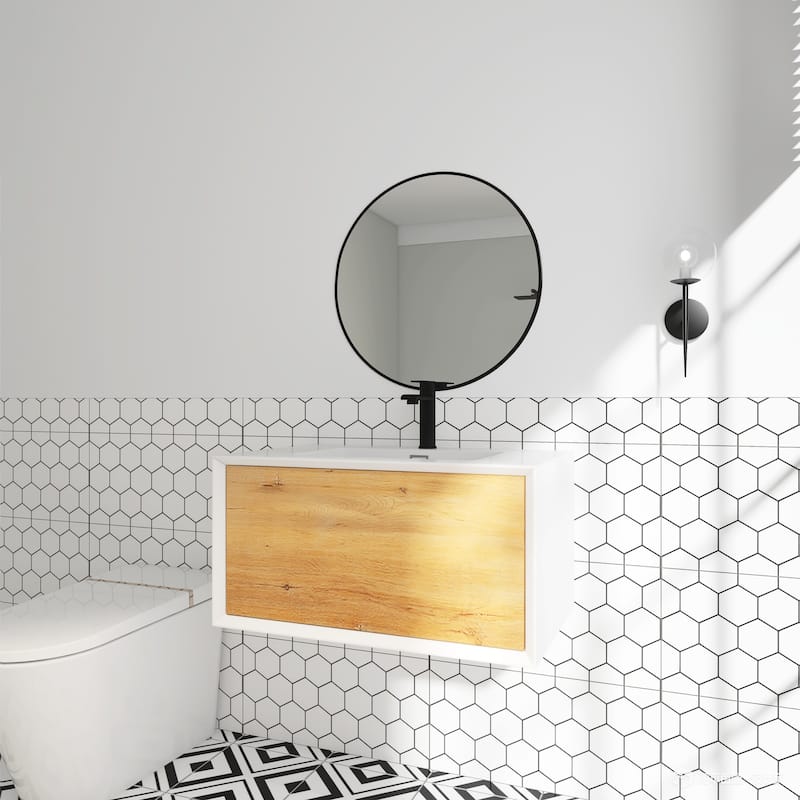 Wall-Mounted 1-drawer Bathroom Vanity Set in White and Oak with Integrated Solid Surface Sink