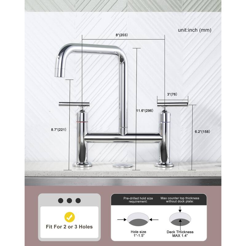 WOWOW Double Handle Bridge Faucet with Kitchen Sink Hole Cover