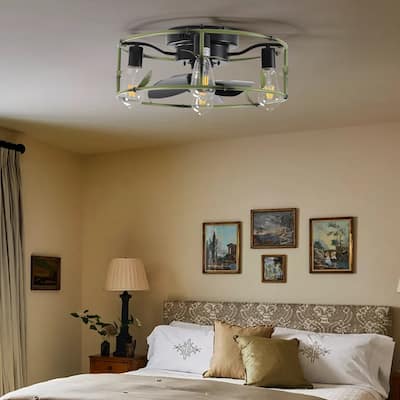 3 Blades Low Profile Ceiling Fans with Lights and Remote Control, Modern Caged Metal Ceiling Fan for Bedroom Kitchen
