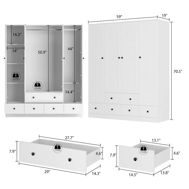 Modern 4-Door Wood Bedroom Armoire in White Closet Cabinet Wardrobe
