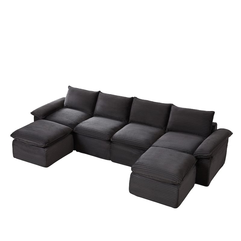 141.74" Modern Comfy Sectional Corduroy Sofa with Two Ottomans
