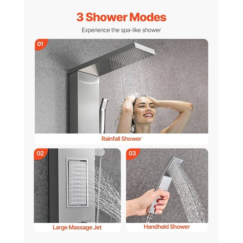 Silver Stainless Steel 3-in-1 Shower Panel with Rainfall, Massage and Handheld - 53.0x 7.9x 18.1 inch