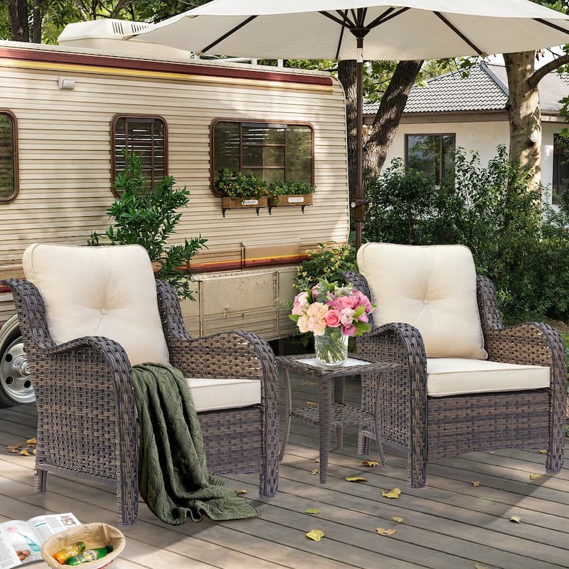 High Back Brown Wicker Outdoor Patio Furniture Sets with Patio Chairs - 3 Piece - Beige