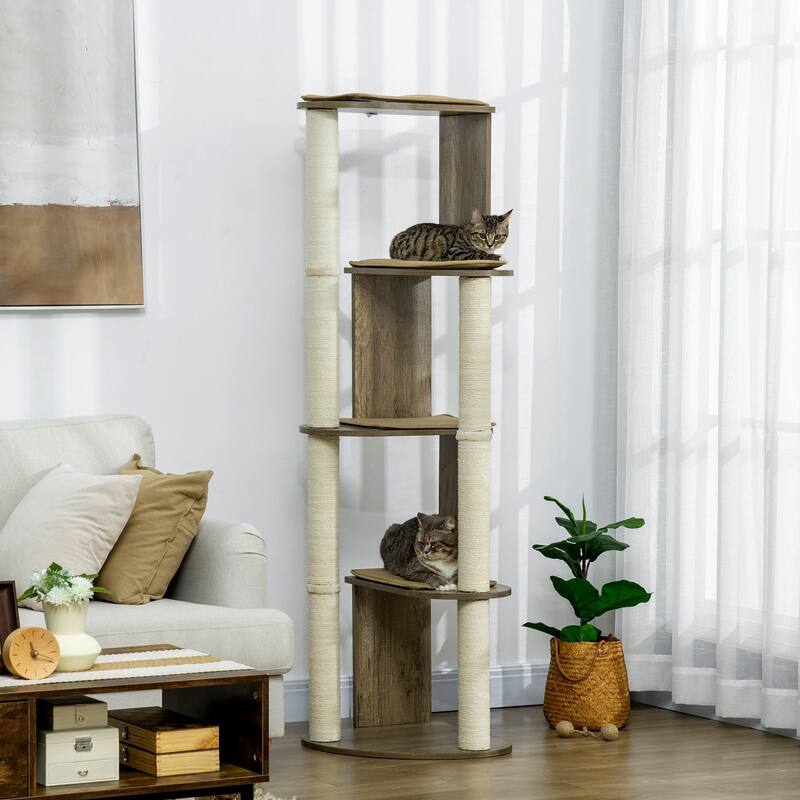 65" Corner Modern Cat Tree Tall for Climbing, Large Multilevel Cat Tower with Scratching Posts - Cream White