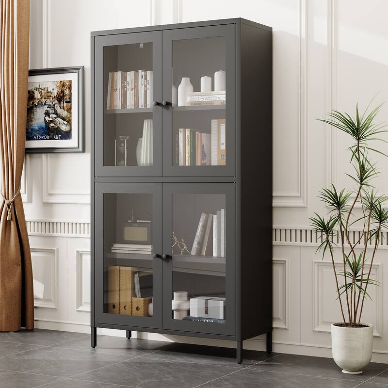 Classic Metal Storage Cabinet Display Cabinet with 4 Glass Doors 4 Shelves Cabinet Bookcase Side Cabinet - Black