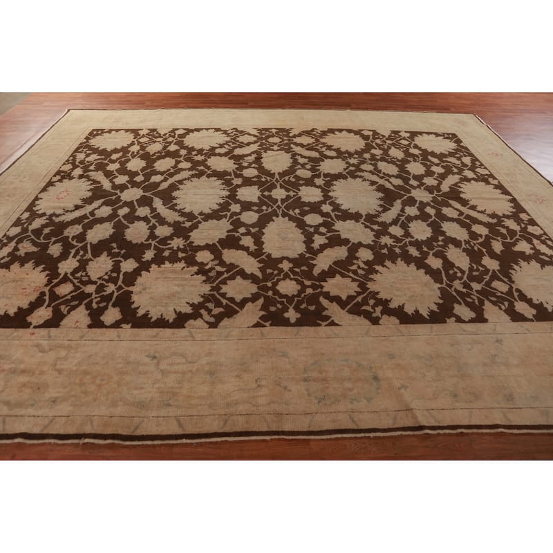 Vegetable Dye Brown Floral Oushak Turkish Rug Hand-Knotted Wool Carpet - 10'4"x 12'9"