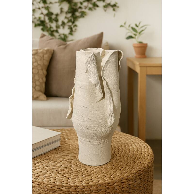Tio Modern Vase Vessel, Flowing Petal Folds, White Porcelain 19 Inch