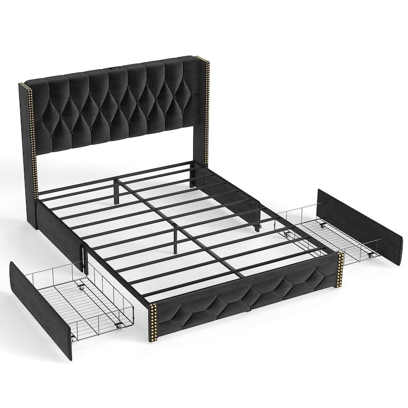 Wingback Bed Velvet Upholstered Platform Bed Frame with 2 Storage Drawers and Headboard, Charging Station, Noise-Free, Black