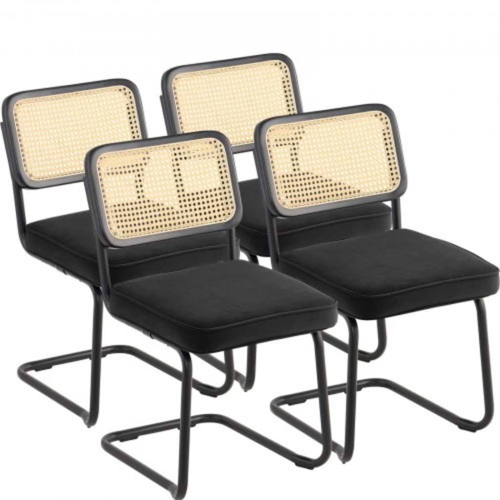 Modern Upholstered Velvet Dining Chairs with Rattan Back and Metal Frame Suitable for Indoor or Outdoor