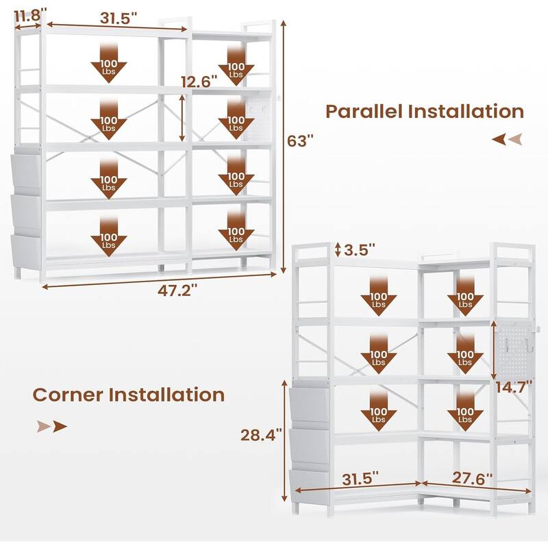 LED 5 Tier Bookshelf 55 inch Wide Bookcase Pegboard Storage Bag