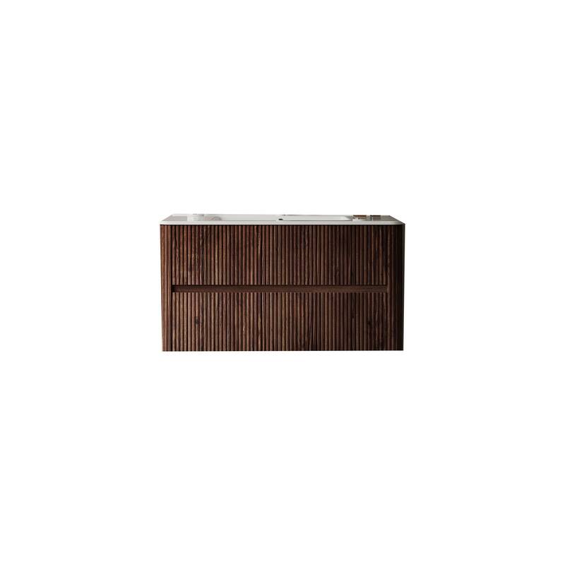 Single Sink Wall-Mounted Bath Vanity in Deep Walnut with White Ceramic Top