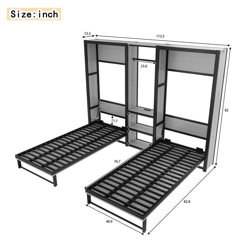 Twin Murphy Bed with Wardrobe - Metal Foldable Wall Bed, Shelves & Power Outlets, Space-Saving 2-in-1 Design
