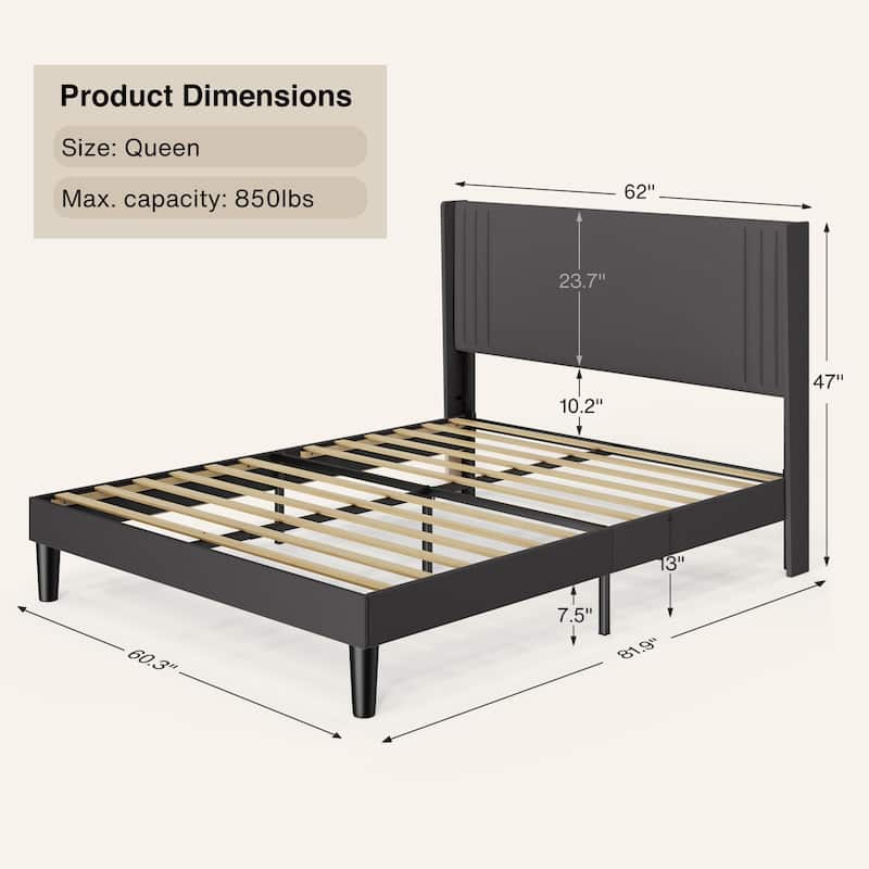 Queen/ Full Vertical Channels Upholstered Bed with Wingback Headboard