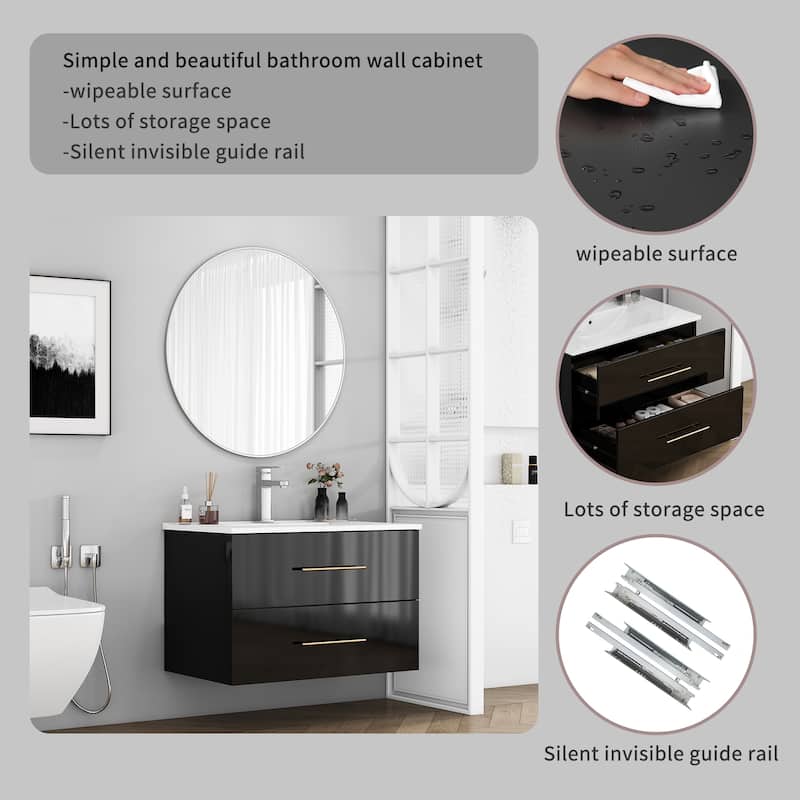 30" Gloss Wall-Mounted Bathroom Vanity with Integrated Ceramic Sink, Double Drawers & Long Metal Handle for Modern Bathrooms