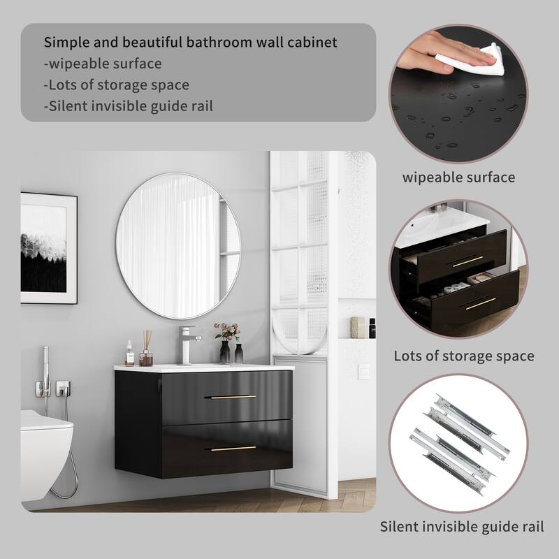 30-Inch Gloss Wall-Mounted Bathroom Vanity with Sink Combo, Double Drawers,Ceramic Sink,Long Metal Handle