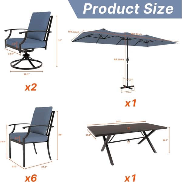 dimension image slide 2 of 3, Kullavik 10 Pieces Outdoor Dining Set with 2 Swivel Chairs, 6 Single Chairs, X-Leg Table and Double-Sided Umbrella