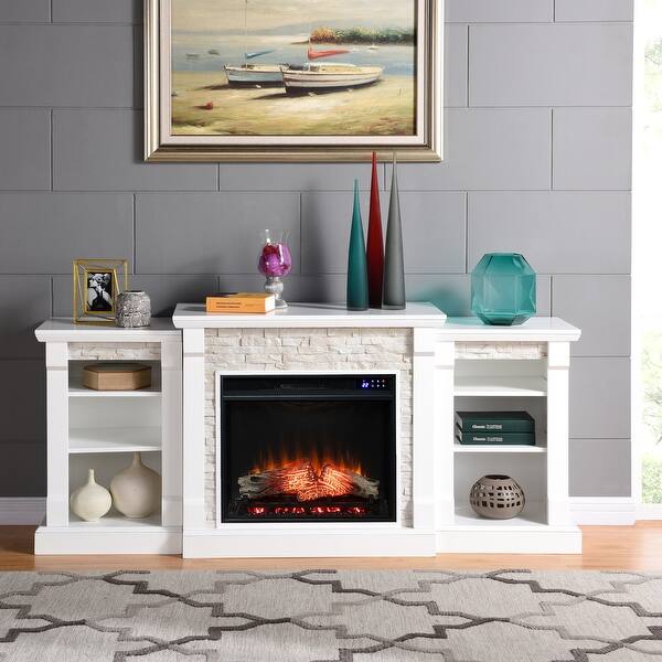 slide 18 of 27, SEI Furniture Remote Controlled LED Electric Fireplace with Mantel in White Stone and Storage Mirrored Reflector Firebox