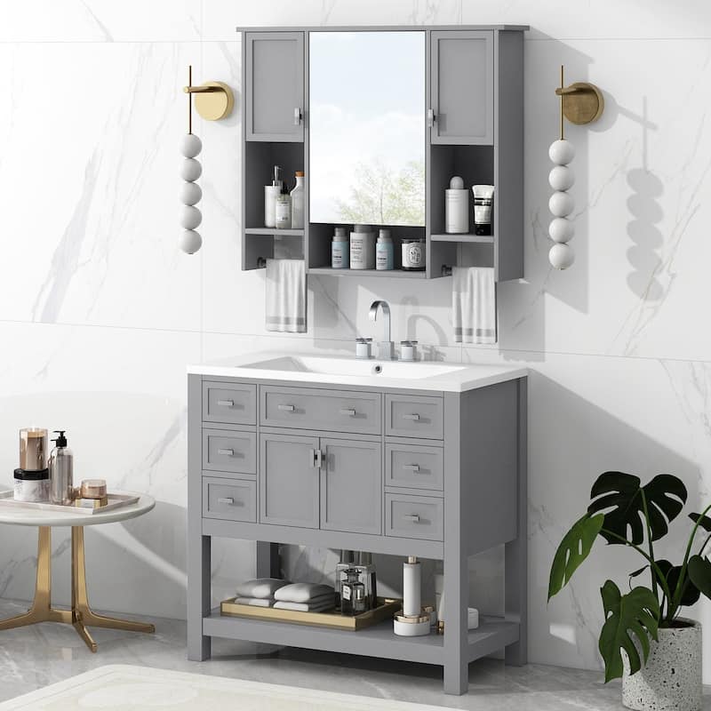 Plywood Freestanding Bathroom Vanity Set in Maple with Integrated Ceramic Sink with Drain - 36" x 18"