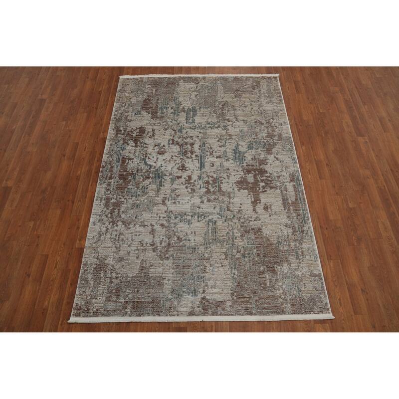 Machine Made Oriental Polyester Carpet Abstract Beige & Ivories Distressed Area Rug - 7' 5'' X 5' 2''